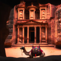 The Treasury at Petra, carved directly into vibrant red rock, with a Bedouin camel resting in front, encapsulating the mystery and history of this archaeological wonder.