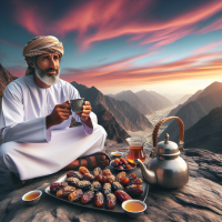 omani arab having tea at top mountain with flavored dates