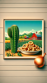 A cactus sitting next to onion rings in a farm, 1960s Cartoon