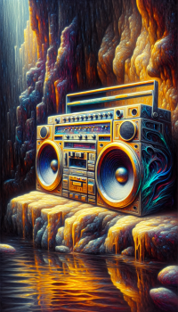 A boombox reflecting the surroundings in a cave, Painting by H.R. Giger, Closeup