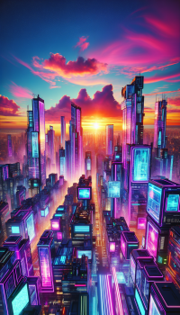 Cyberpunk style skyscrapers under a neon sunset