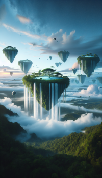 A surreal landscape with floating islands and waterfalls in the sky