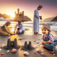 small omani boy playing at beach in muscat with omani family